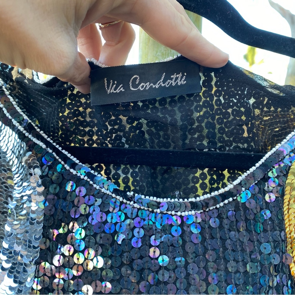Sequin Top L 100% Silk Black Silver & Gold - Picture 3 of 5